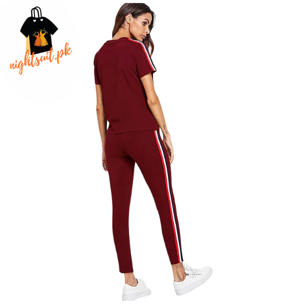 Red and White Striped Tracksuit Tape Tee & Leggings Pants Set for Women - Image 4