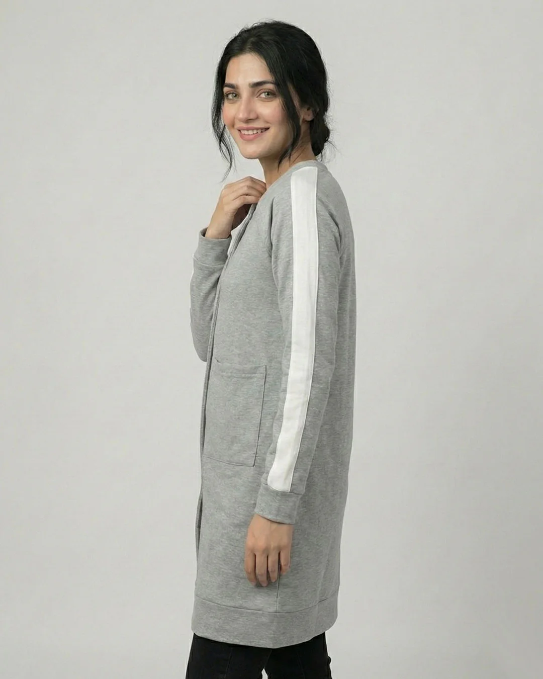Grey Western Stripe Long Sleeve Cardigan - Image 3