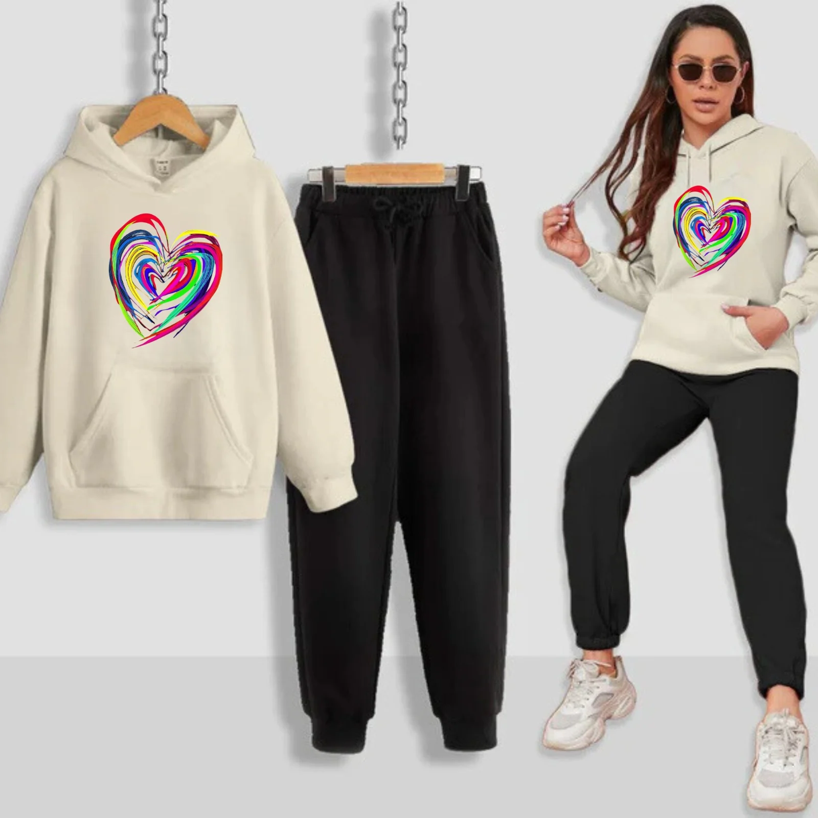 Neon Heart Printed Women Hoodie Set - Image 3