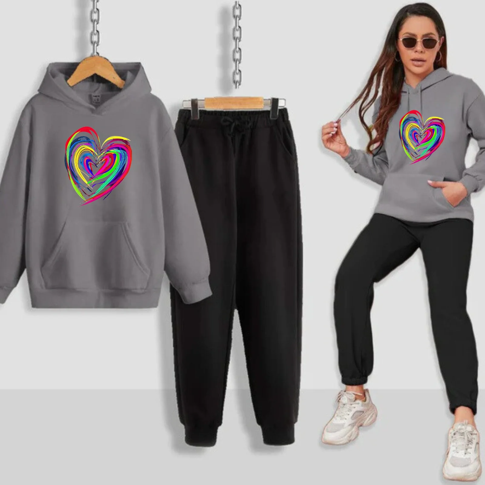Neon Heart Printed Women Hoodie Set - Image 4