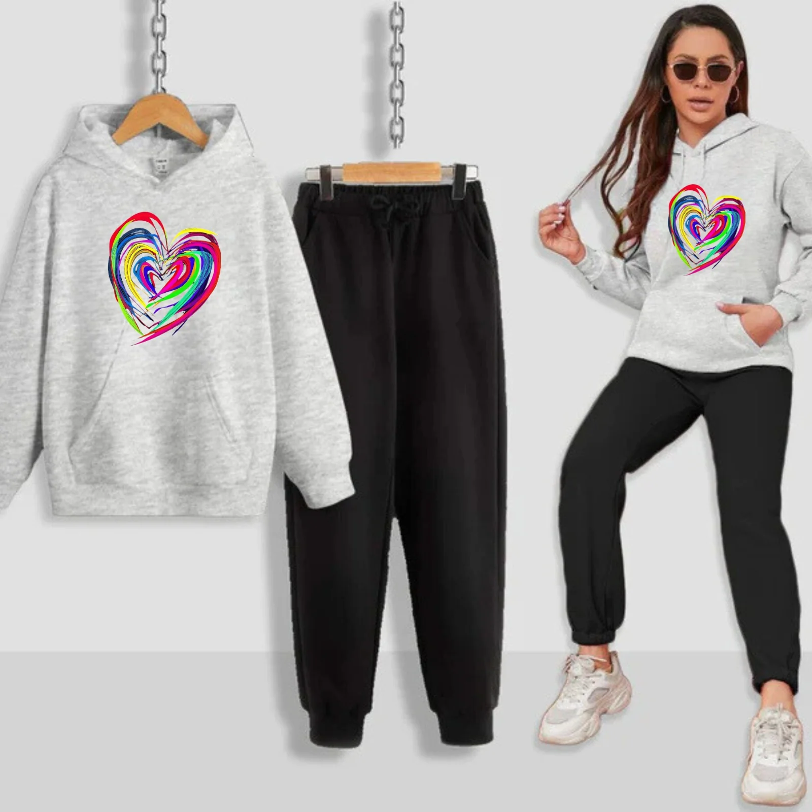 Neon Heart Printed Women Hoodie Set - Image 8