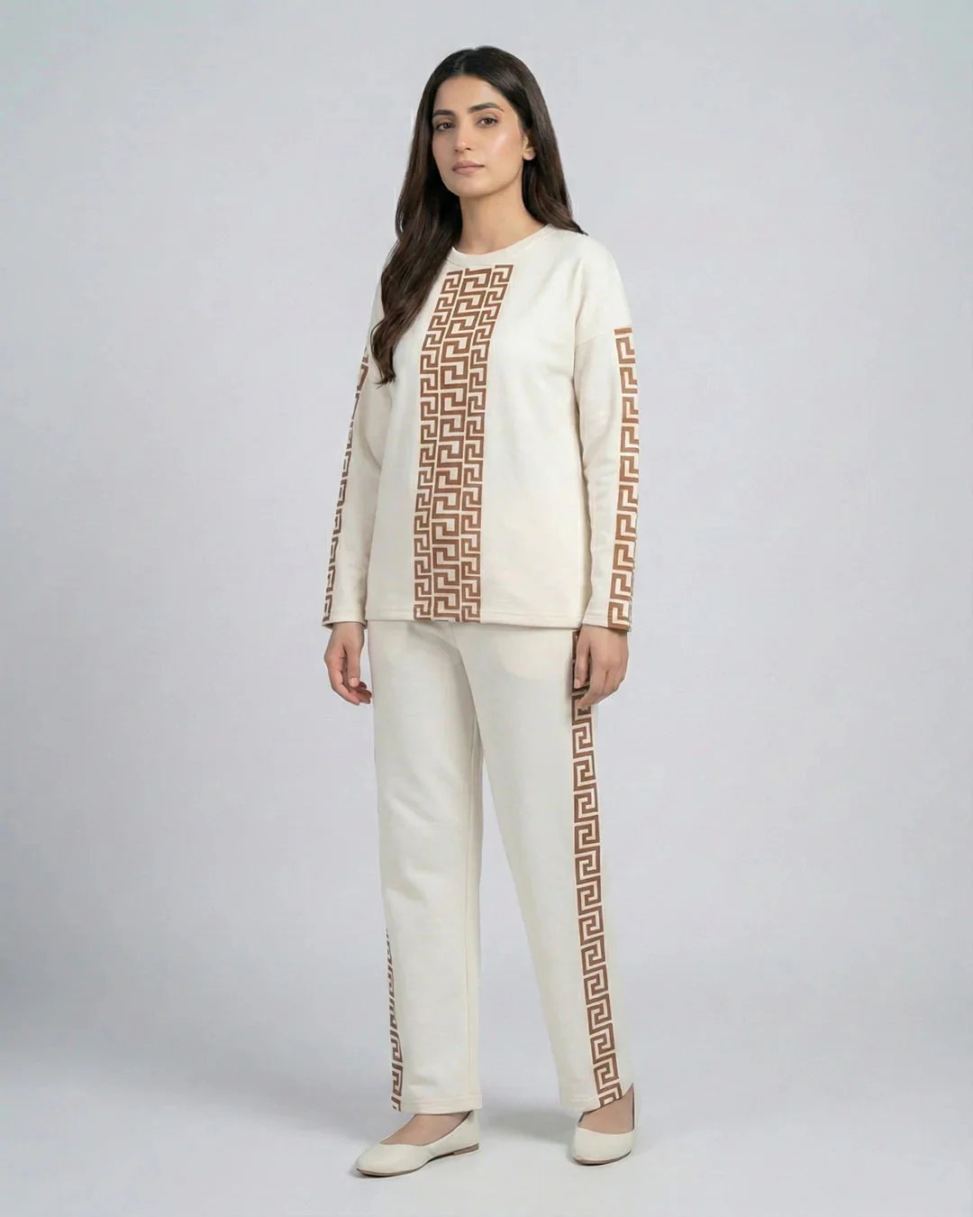 Urban Luxe Greek Co-Ord Set for Women | Cream