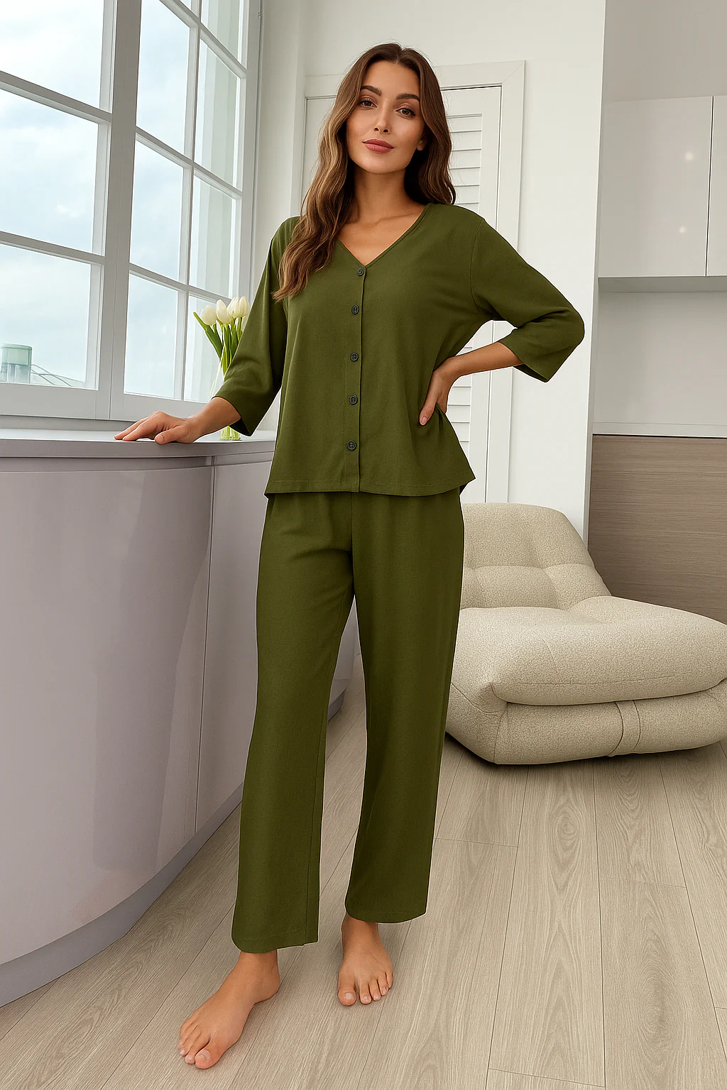 V-Neck Button Women Night Suit PJ Set - Image 2