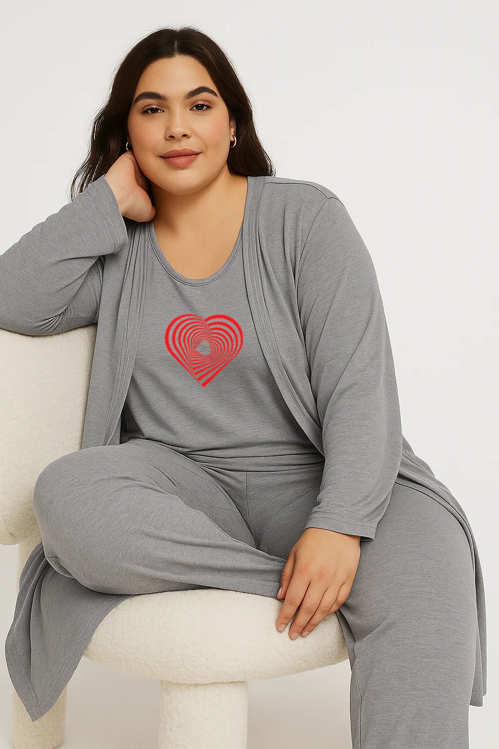Women’s 3 Piece Nightwear Lounge Set with Geometrical Heart Print | Plus Size Loungewear - Image 6