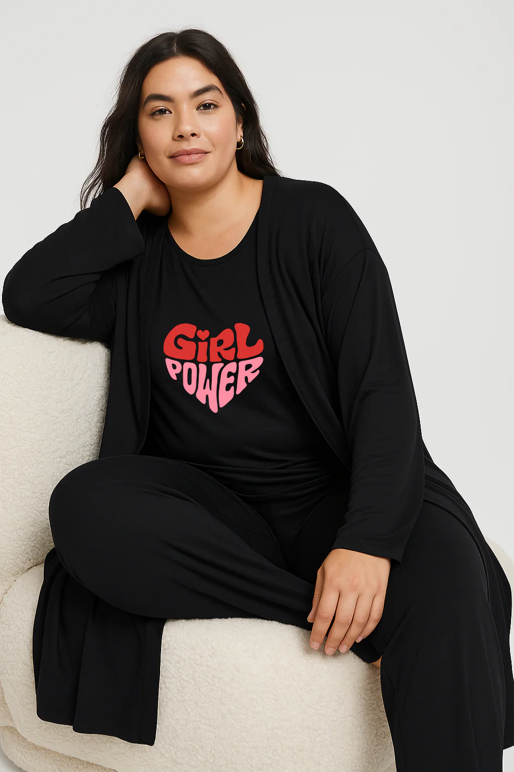Women’s 3 Piece Nightwear Lounge Set with Girl Power Print | Plus Size Loungewear - Image 5