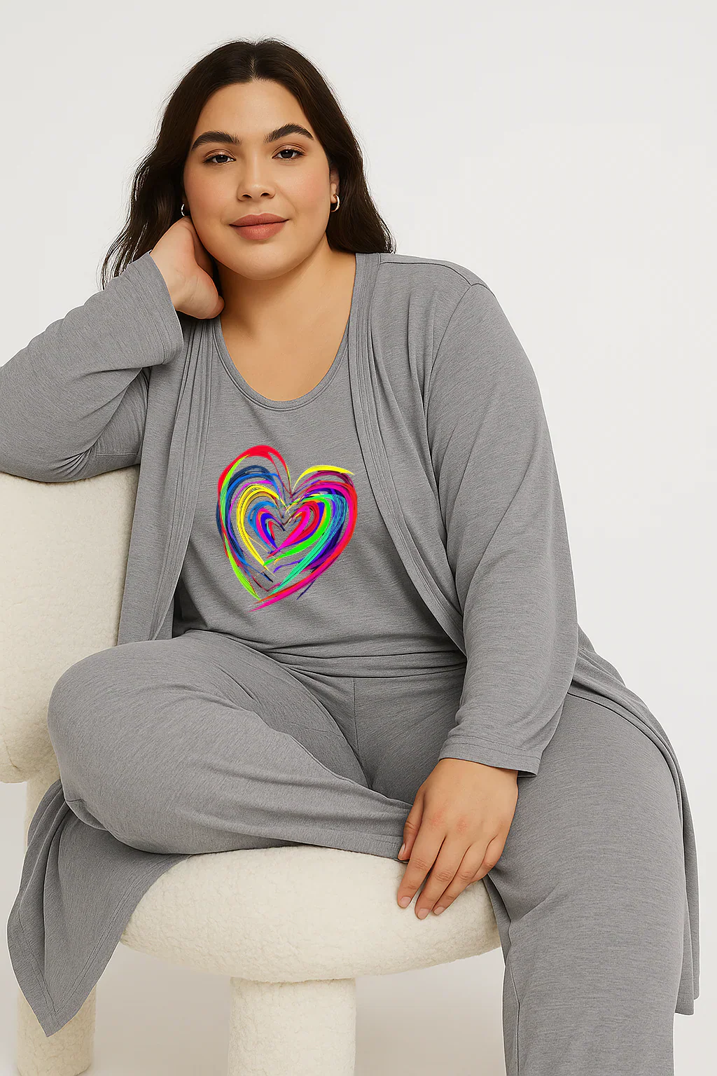Women’s 3 Piece Nightwear Lounge Set with Neon Heart Print | Plus Size Loungewear - Image 5