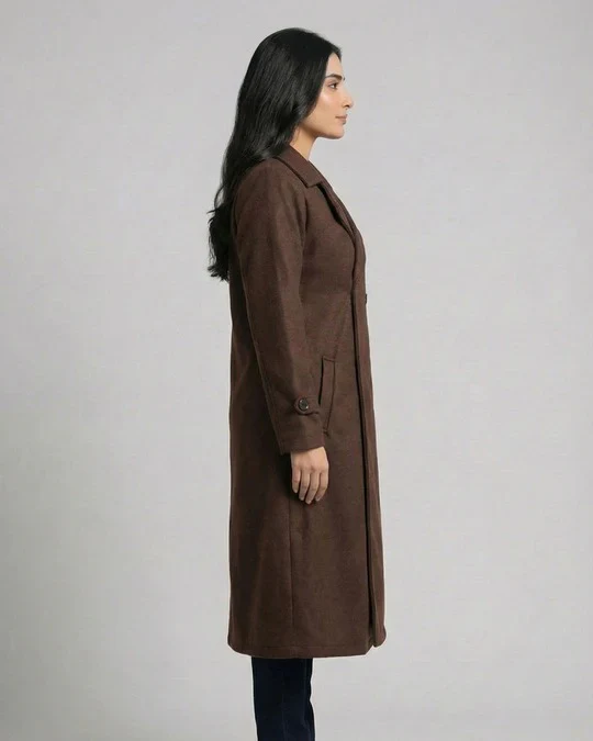 Women’s Chocolate Brown Long Fleece Winter Coat - Image 2