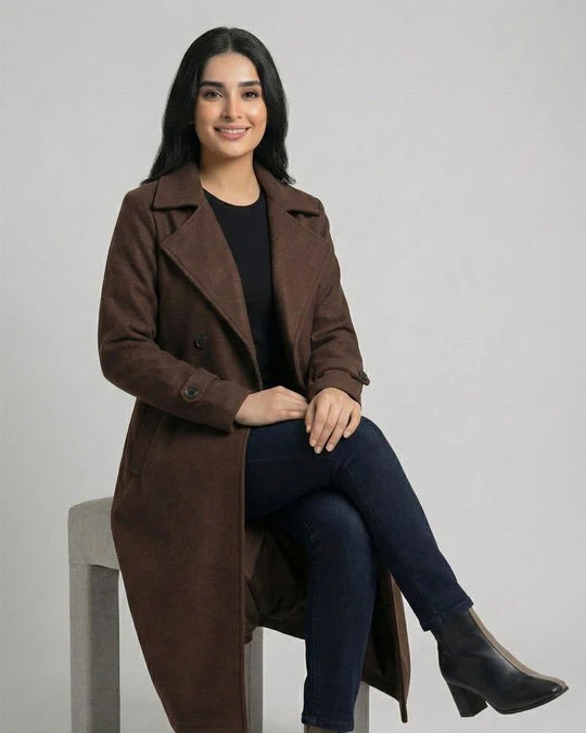 Women’s Chocolate Brown Long Fleece Winter Coat - Image 4