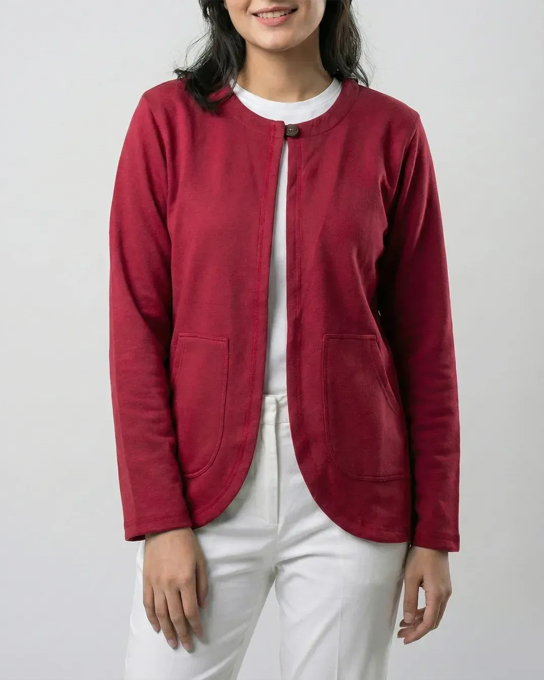 Women’s Maroon Fleece Winter Cardigan - Image 2