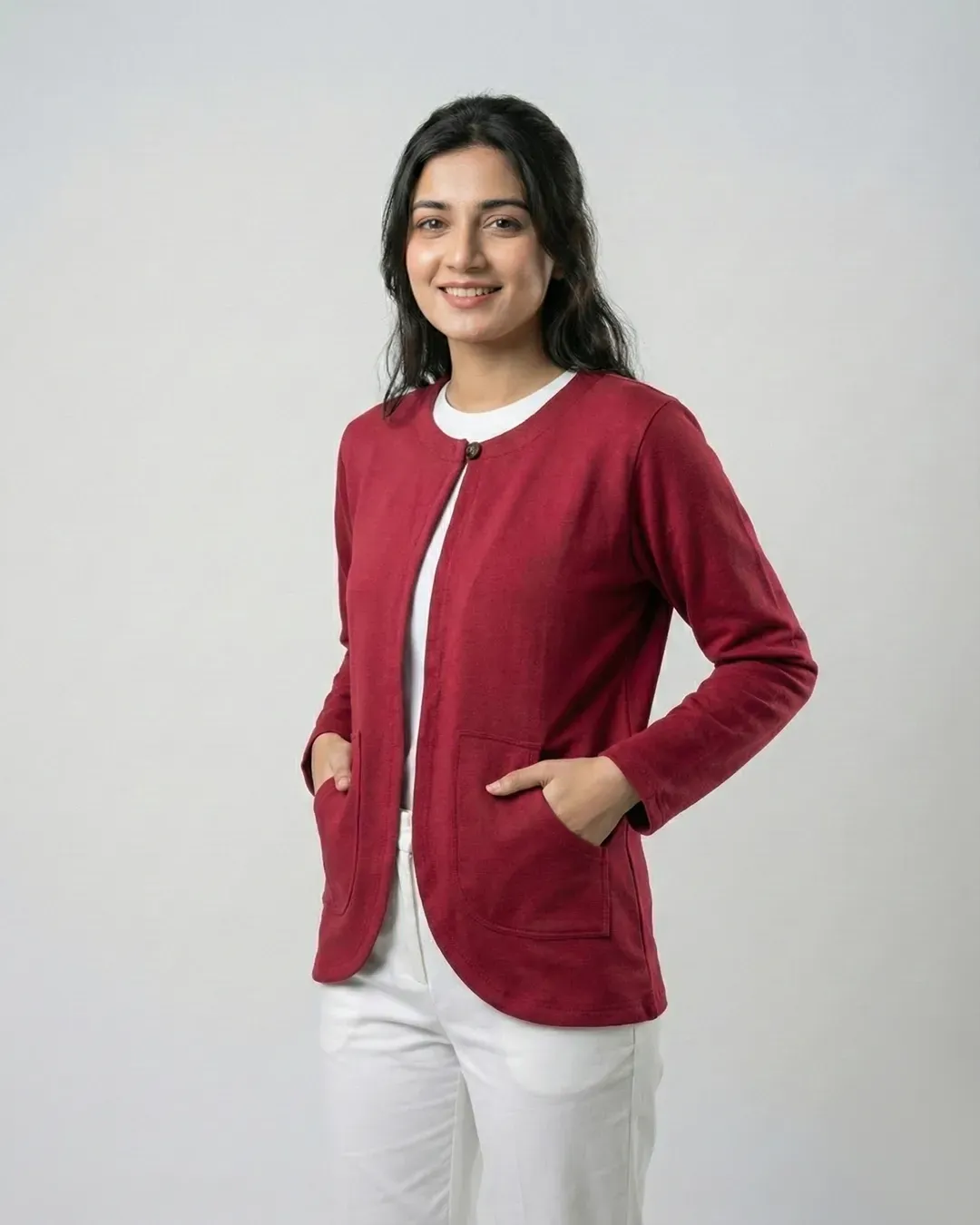 Women’s Maroon Fleece Winter Cardigan - Image 3