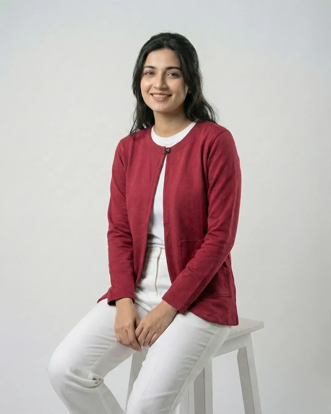 Women’s Maroon Fleece Winter Cardigan - Image 4
