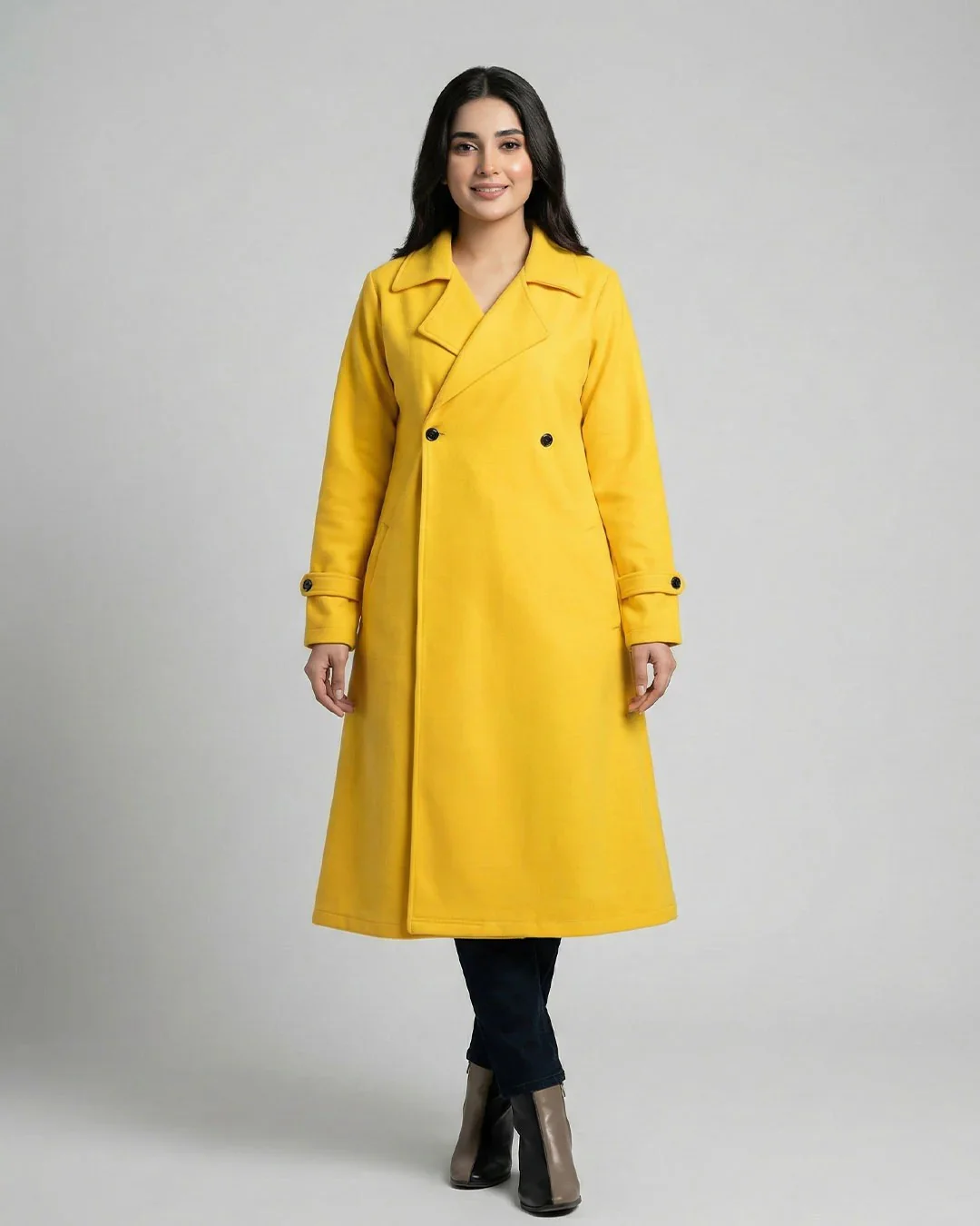 Women’s Mustard Yellow Long Fleece Winter Coat - Image 2