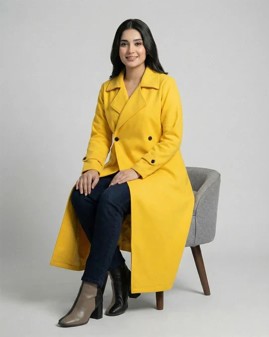 Women’s Mustard Yellow Long Fleece Winter Coat - Image 4