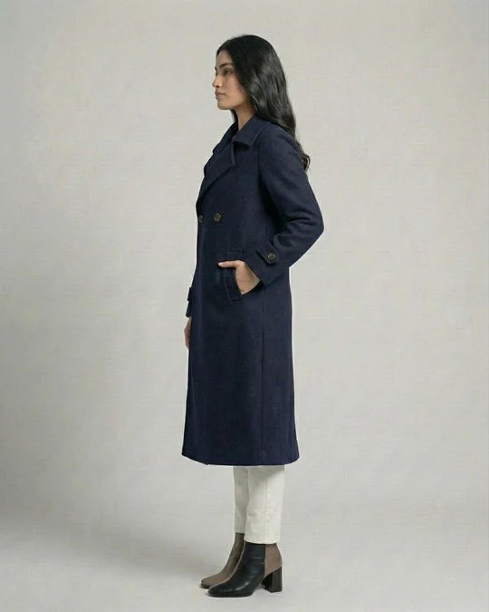 Women’s Navy Blue Long Fleece Winter Coat - Image 3