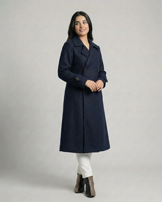 Women’s Navy Blue Long Fleece Winter Coat - Image 4