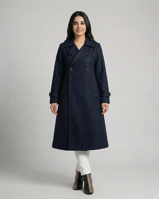 Women’s Navy Blue Long Fleece Winter Coat - Image 5