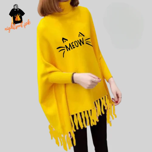 Yellow Meow Printed Poncho
